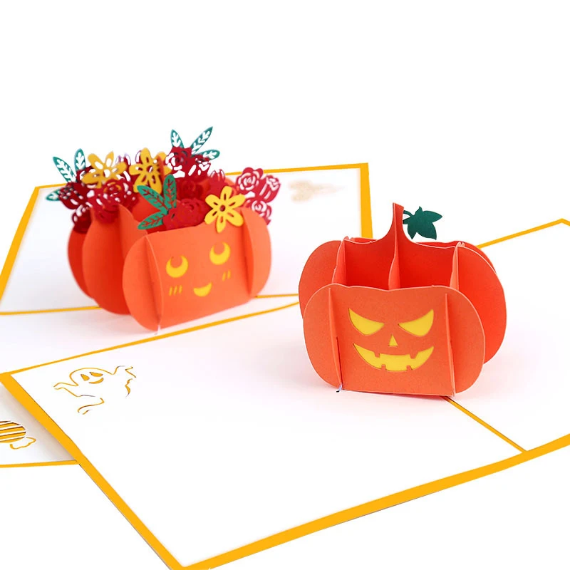 

10pcs Wholesale 3D Handmade Cartoon Pumpkin Paper Invitation Greeting Card Postcard Trick or Treat Halloween Party Creative Gift
