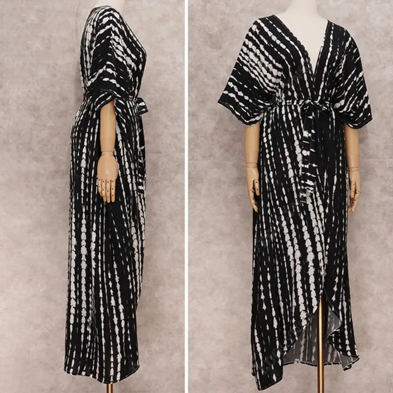 Womens Tie Dye Striped Half Sleeve Lace Up Cardigan Beach Baggy Sunscreen Robe