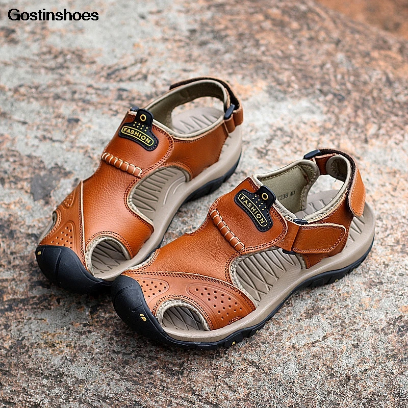 Кожаные сандалии для мужчин повседневная обувь из воловьей кожи качественная с
