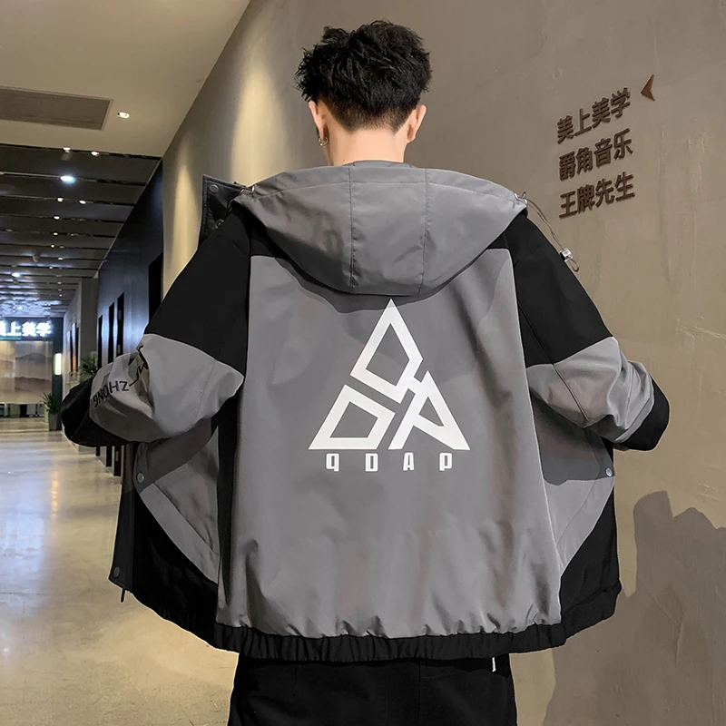 

Spring and Autumn Brand Quality Men's Jacket Striped with Hoody Gothic Cardigan Cyber Punk Coats Windbreaker Coats for Men