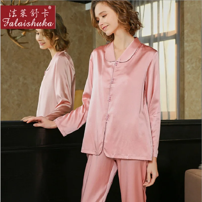 Woman Sexy Silk Pajamas Sets Pink Silk Stain Full Sleeve Spring 2020 Lady Plus Size Pyjamas Set Female Homewear Sleepwears