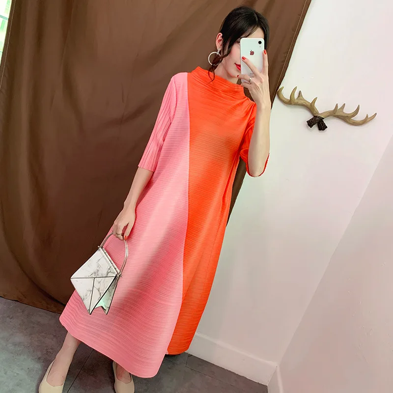 2021 autumn Miyake pleated long skirt loose thin folda large three-quarter sleeves casual fashion vintage dress for woman