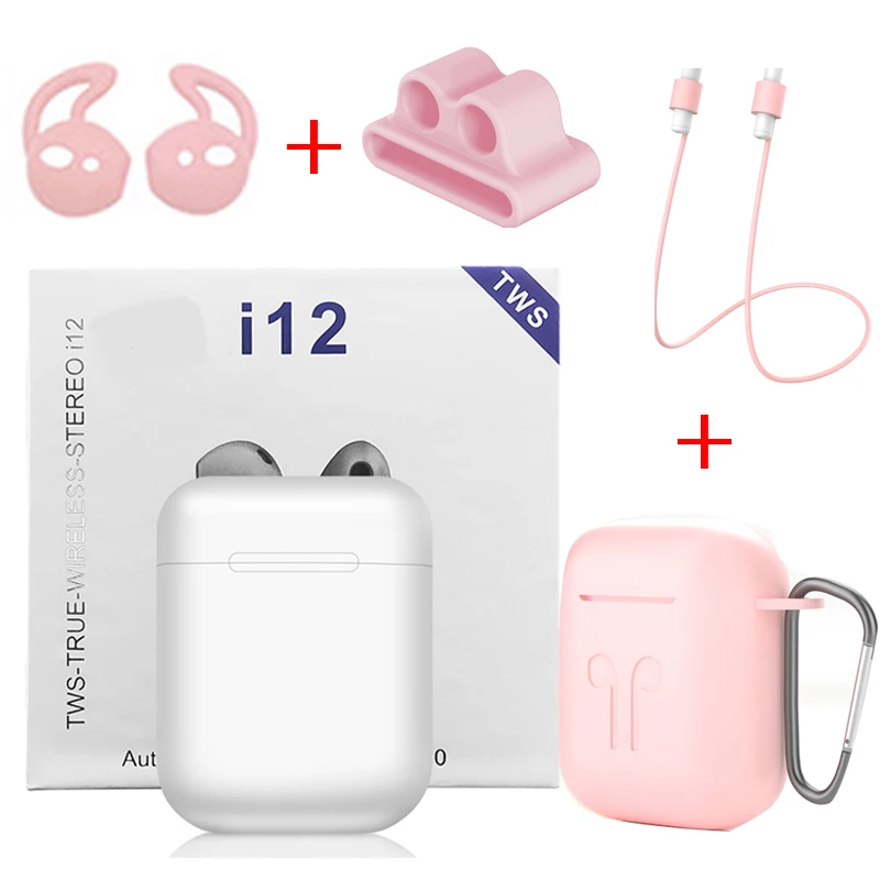 White - Pink Cases Беспроводные Bluetooth наушники i12 TWS спорт телефон Bluetooth 5,0 наушники с наушниками аксессуары чехол для i7s i10 i13 i30 i20 TWS - Цвет: White - Pink Cases