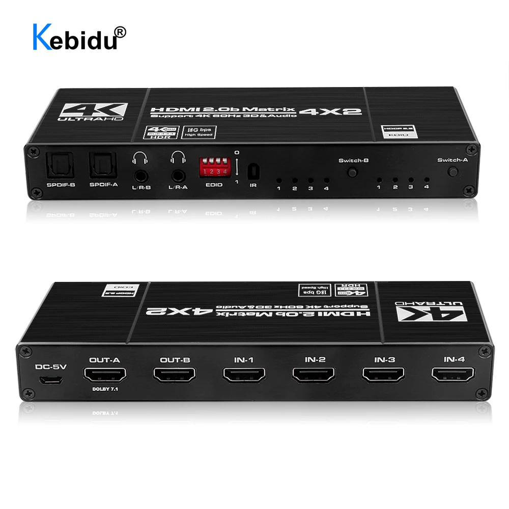KEBIDU 4K@60Hz Matrix Switch Splitter 4x2 HDMI-compatible with SPDIF and L/R 3.5mm HDR Switch 4x2 Support HDCP 2.2 3D