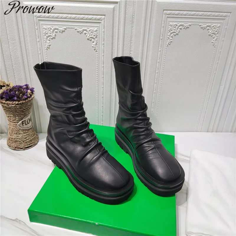 

Женские короткие ботинки со складками Prowow, зимние ботинки на толстой подошве, с круглым носком, для вечеринок