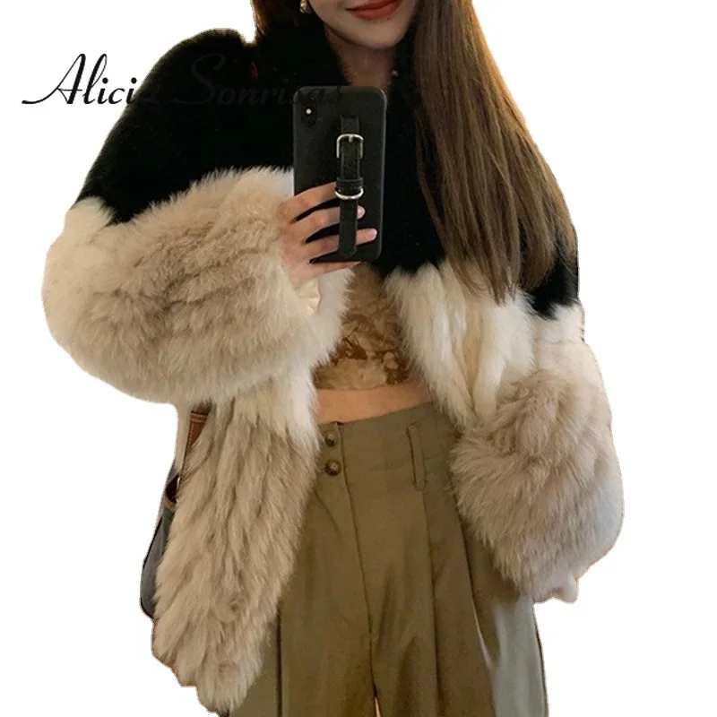 2021 Winter Faux Fur Coat Women White Black Block Fluffy Cardign Fashion Long Sleeves Thick Warm Casual Female Jacket Femme