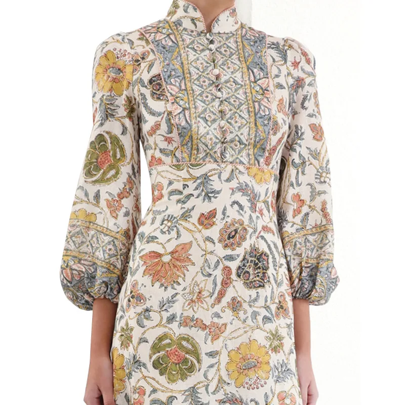 Винтажное дизайнерское женское платье с принтом воротник-стойка длинные рукава