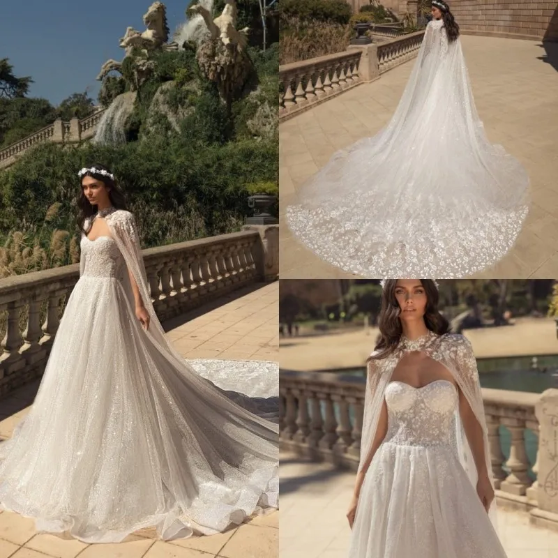 

Кружевное свадебное платье-трапеция с блестками, со шлейфом