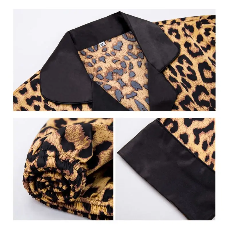 

Women Summer Imitation Silk Long Sleeve Pajamas Set Lady Leopard Printed Open Front Tops Loose Pants Sleepwear Satin Loungewear