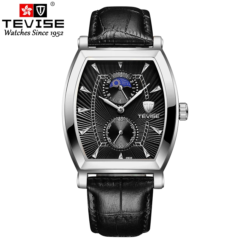 TEVISE 8383S мужские часы Moon Phase настоящие водонепроницаемые кварцевые часы с кожаным ремешком Мужские повседневные наручные часы Relogio Masculino - Цвет: silver black