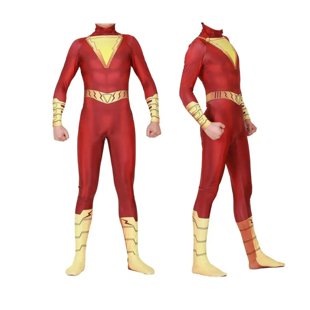 

Unisex Lycra Spandex Zentai Halloween DC Shazam Suit With Cloak Cosplay Costumes Adult/Kids 3D Style
