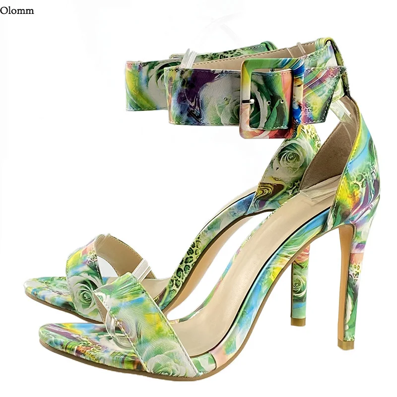 

Новые женские летние босоножки Olomm с ремешком на щиколотке, красивые зеленые повседневные туфли с принтом на шпильке с открытым носком, женс...