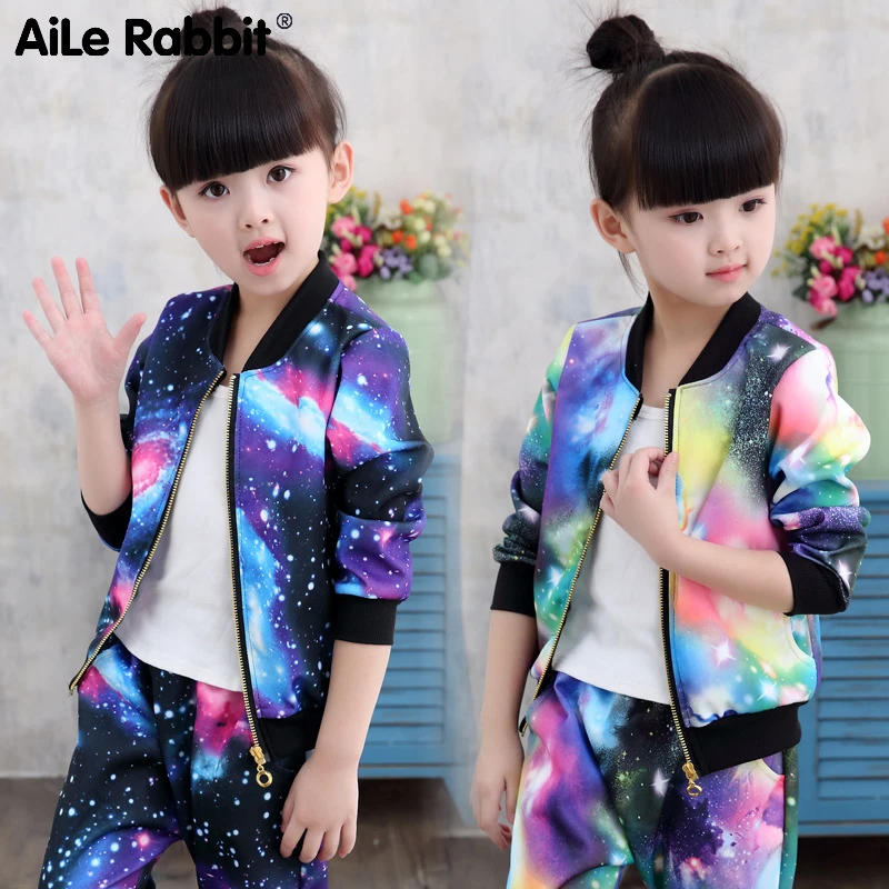 

2019 Autumn New Girls Clothes Set Jacket Pants 2 Piece Suit Starry Sky Coat Sports Casual Set Kids Sweater Set