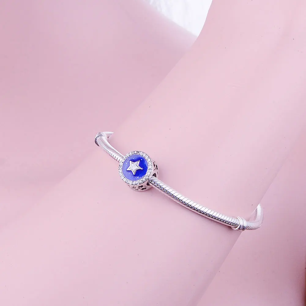 

2021 Newest 925 Sterling Silver Round Bead Star Charms with Clear CZ and Enamel Fits pandora Charm Bracelet DIY Jewelry Making