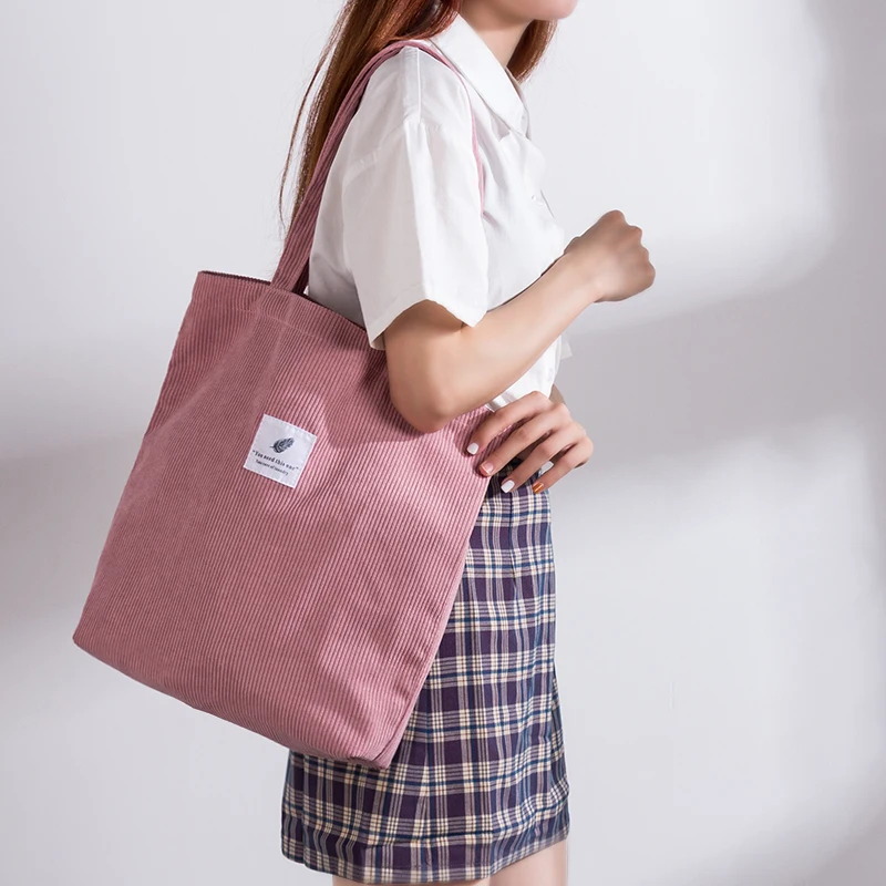 

MABULA Casual Foldable Corduroy Shopping Bag High Quality Eco friendly Reusable Grocery Tote Handbag Lightweight Shoulder Bags