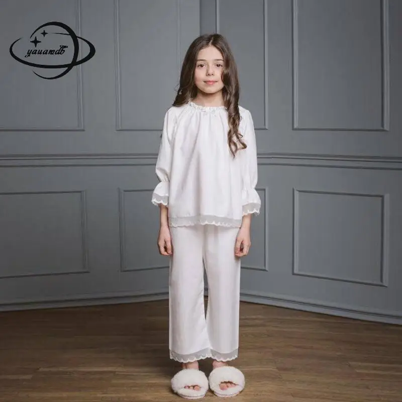 

30% Шелковые Детские пижамные комплекты, весна-осень, одежда для сна для девочек, костюмы, рубашка + брюки, 2 шт., цвет деньги, кружевная принцес...