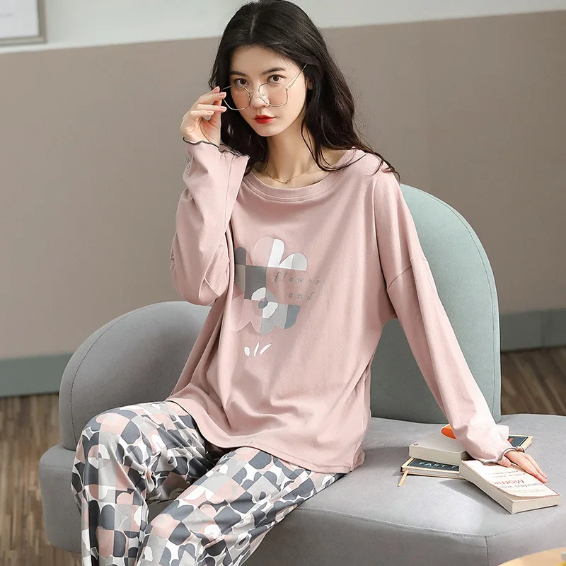 Пижамный комплект женский с цветочным принтом теплый хлопковый Повседневный