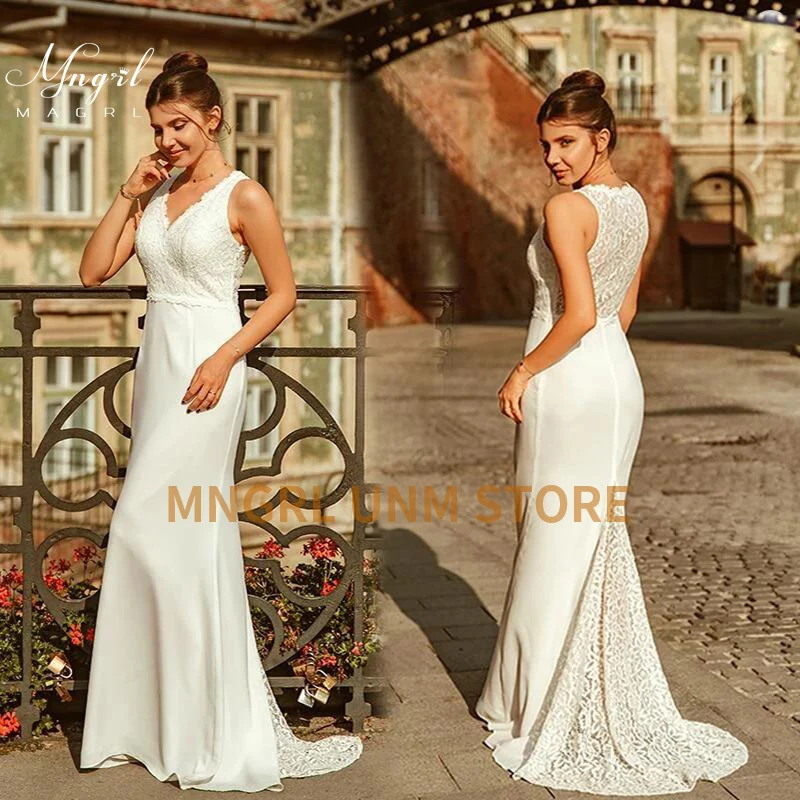 

MNGRL Retro Simple Wedding Gown 3D Flower Mermaid White Chiffon Sleeveless Wedding Dress Plus Size Wedding Gown