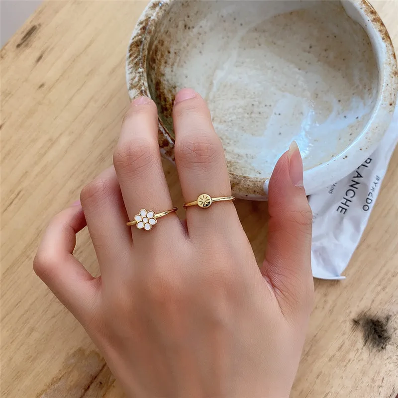 

POFUNUO Real 925 Sterling Silver Women Mini Niche Rings 18K Gold Girls Cute Sweet Flower Sun Design Minimalism Delicate Rings