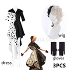 Костюм для косплея злых мадам кроеллы из фильма, костюм для взрослых, женское платье, черно-белое платье горничной, перчатки, искусственный парик для хэллоуивечерние