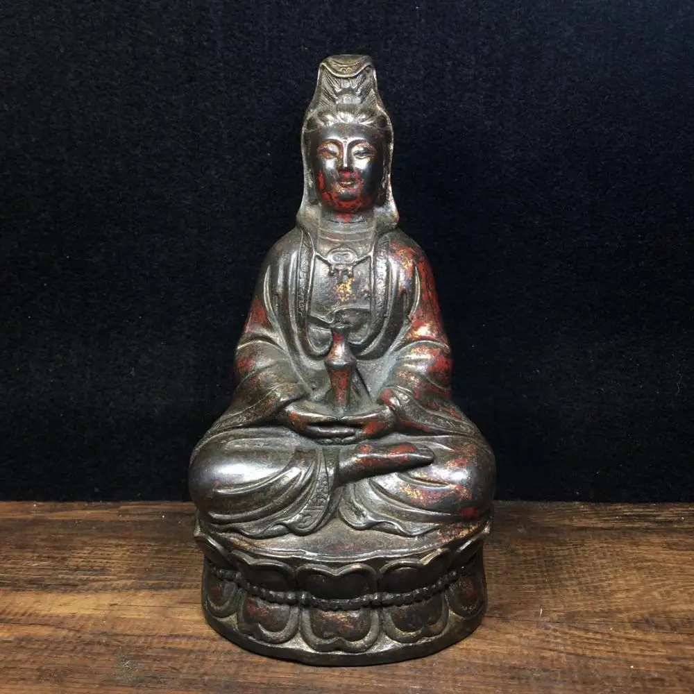 

Home Decor 7" Tibet Buddhism Old Bronze Cinnabars Guanyin Bodhisattva Statue Enshrined Buddha statues in the temple