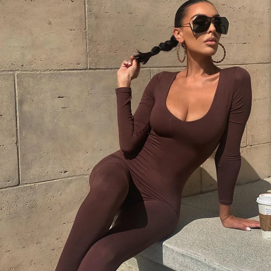 Basic Bodycon Jumpsuit For Women Casual Brown Fitness Rompers 2021 Spring Basic Playsuit Activity Streetwear Overalls