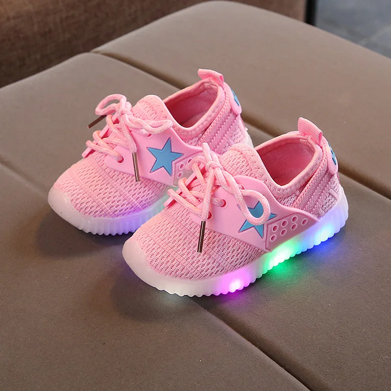 PINK Розовые, синие, черные лампочки в форме звезд для малышей, обувь для девочек, светодиодный, повседневная спортивная обувь для бега, дышащие кроссовки для мальчиков, мягкая детская обувь - Цвет: PINK