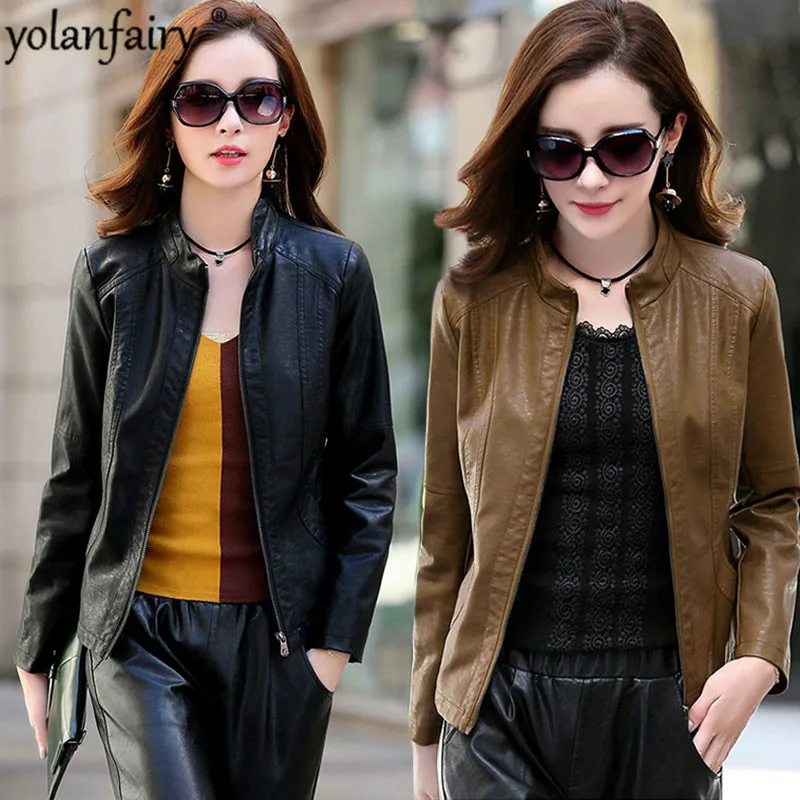 Short Real Leather Jacket Women Spring Autumn Women Leather Jacket Khaki Sheepskin Coat Slim Chaqueta Cuero Mujer 505 Pph424