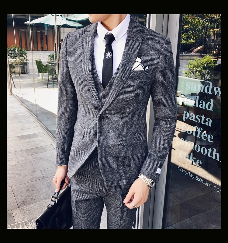Мужской деловой костюм, официальный смокинг, мужские костюмы, Casacas Hombre Azul Terno Preto, облегающие Серые Ретро костюмы в клетку для мужчин