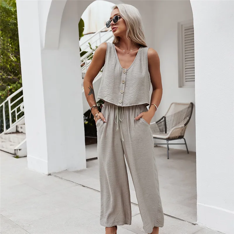 

2021 Spring Summer Fashion Vest Set Women Casual Solid Color Loose Wide Leg Trousers Tracksuit Sets For Women New 2 pieces Sets