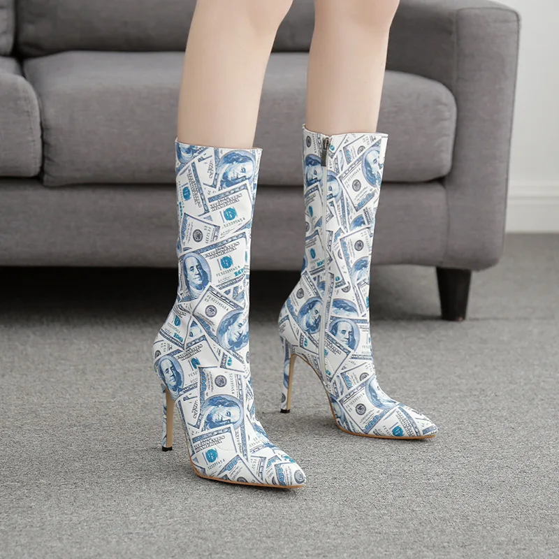 Botas mujer invierno/2019 г. Модные ботинки до середины икры с острым носком кожаные на