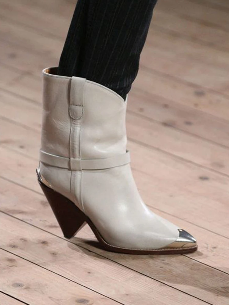Metal decor pointed toe ankle boots genuine leather spike high heel slip-on chelsea boots runway shoes women cowboy boots - Цвет: Бежевый