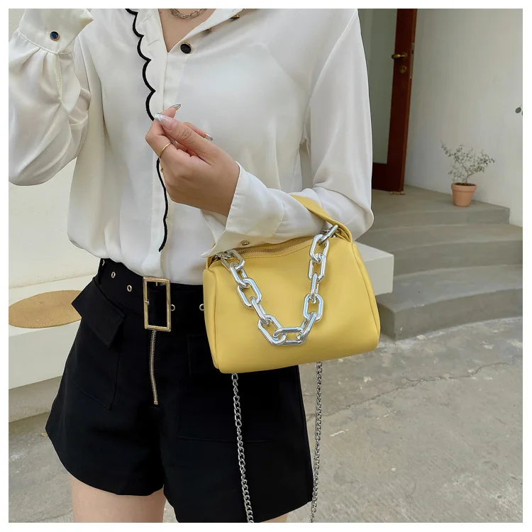 Summer New Ins Fashion Designer Luxury Chain Casual Shoulder Bag Pure Color Pu Leather Boston Bag  Handbags