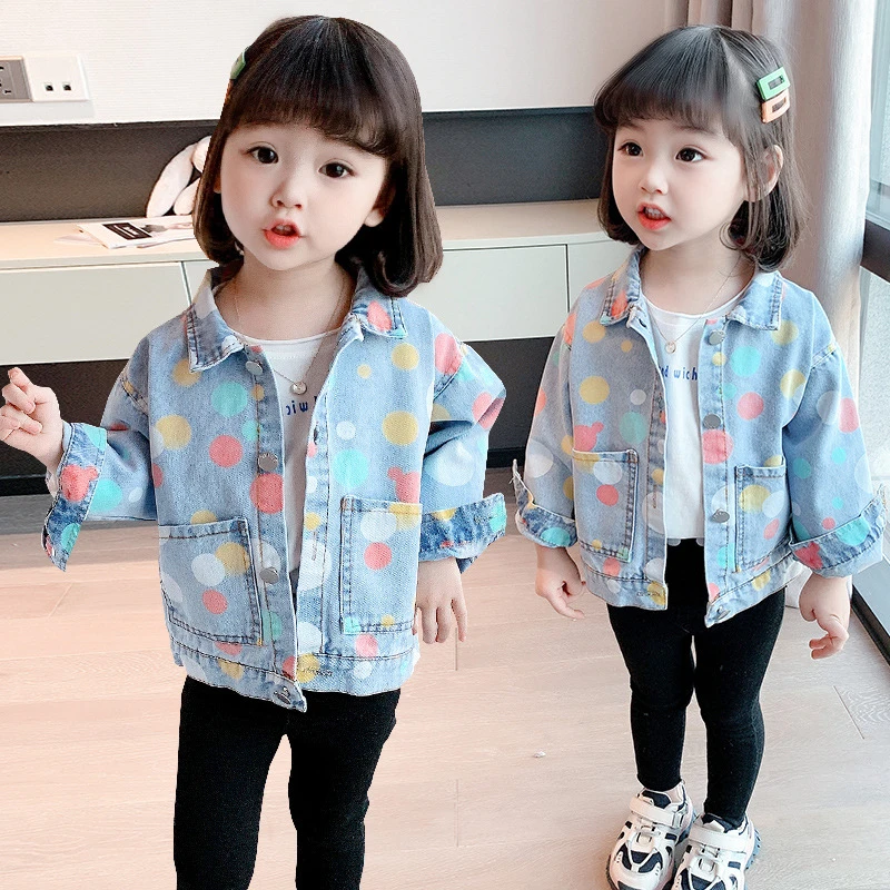 

Multicolour Dots Jean Spring Autumn Coat Girls Kids Outerwear Teenage Top Children Clothes Costume Evening Party High Quality