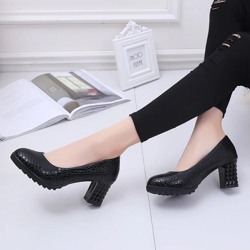 

Rimocy Elegant Thick High Heels Pumps Women Fashion Solid Color PU Leather Party Wedding Shoes Woman Shallow Mouth Pumps Female