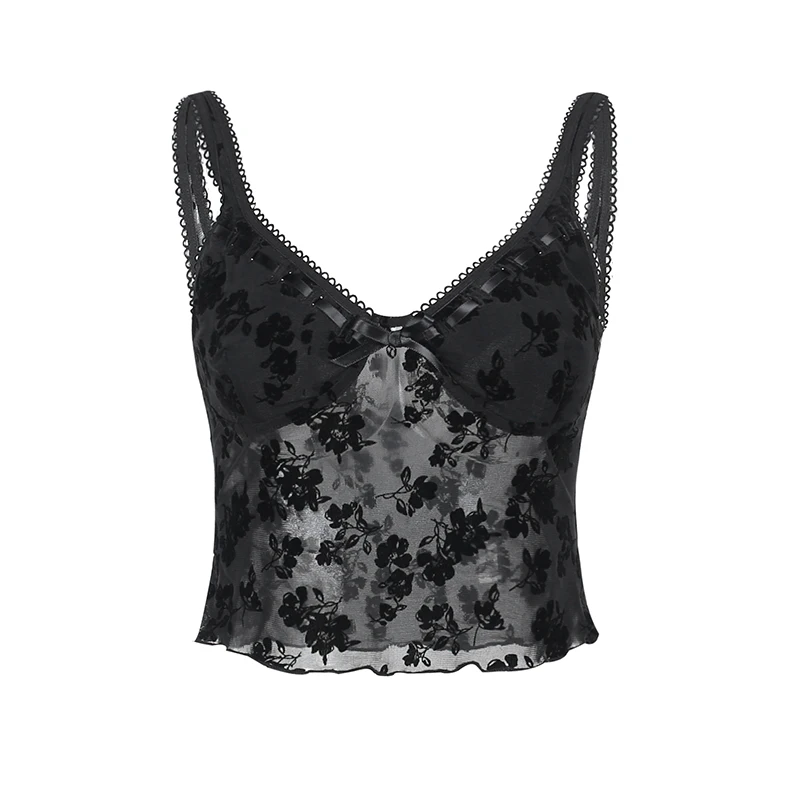 

Gothic Vintage Sexy Crop Tops Y2k High Street Clubwear Slim Dark Black See Through Lace Mesh Flower Pattern Camisole For Female
