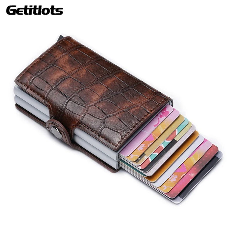 

2020 Twin Metal Card Holder RFID Blocking Leather Business ID Credit Cardholder Men Thin Double Aluminium Case Wallet Mini Purse