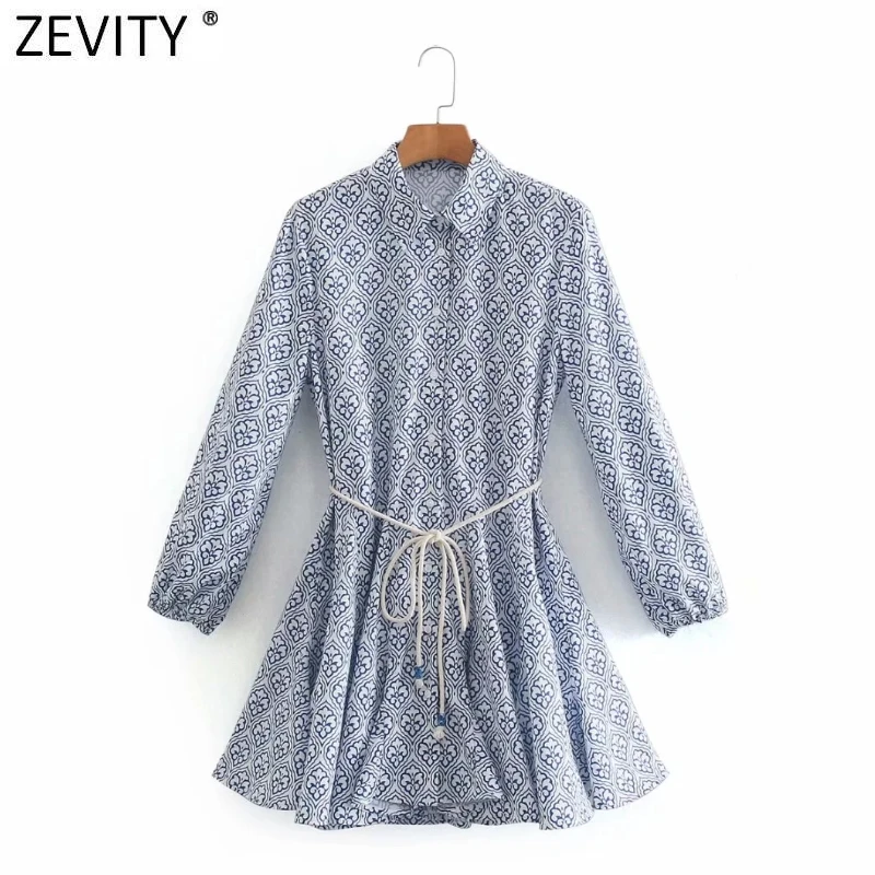 

Zevity Women Vintage Totem Floral Print Big Swing Ruffles Mini Shirt Dress Female Chic Breasted Lace Up Sashes Vestidos DS8133