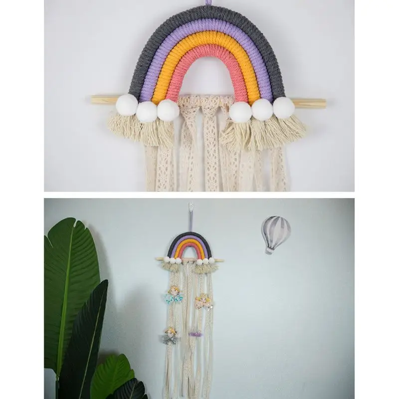 

Woven Rainbow Kids Hair Bows Storage Belt Girls Hair Clip Hanging Organizer