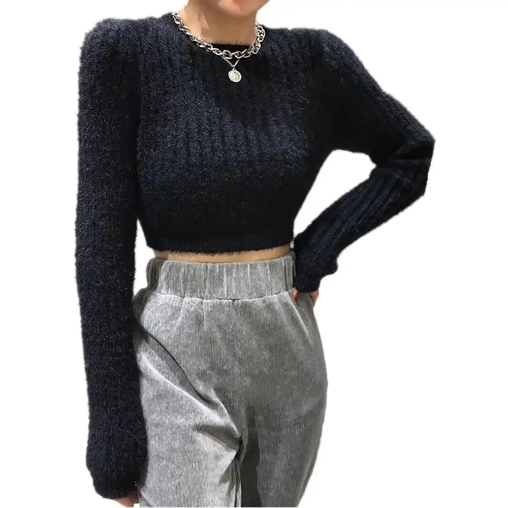 

Женские облегающие Короткие топы, удобный осенний вязаный свитер с длинным рукавом, женская блузка для отдыха, трикотажная одежда