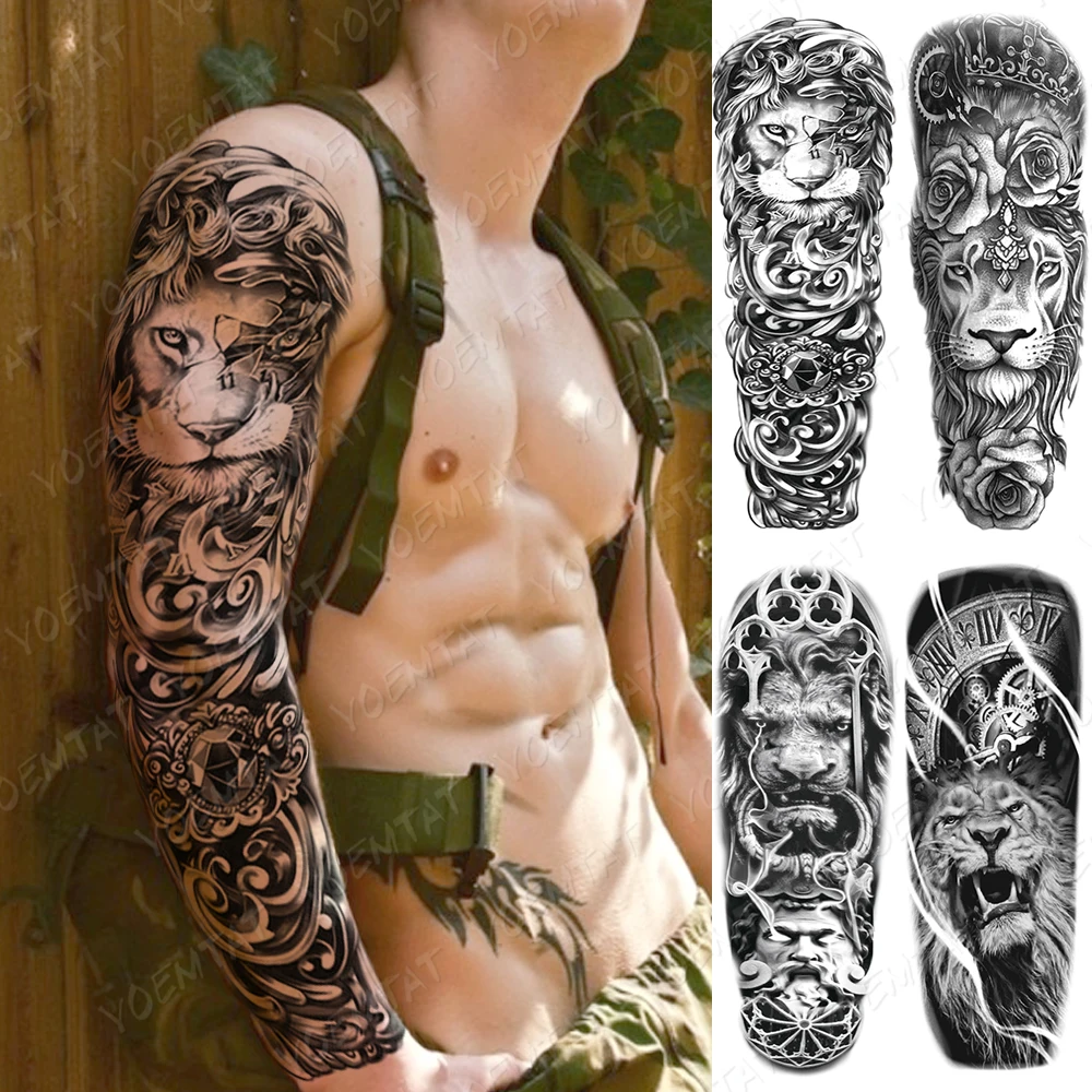 

Водостойкая Временная тату-наклейка на всю руку, часы с Львом, розами, цветами, флеш-татуировки, мужское племенное боди-арт, имитация рукава, ...