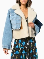 bola 2021 winter sheep fur turn down collar full sleeves denim blue patchwork spliced clothes letters printed coat trench new