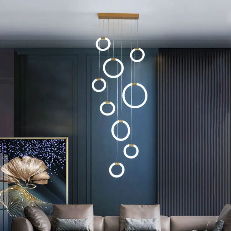 Продажа Современная светодиодная люстра, акриловое кольцо для гостиной, столовой, роскошный двойной декор для виллы, лестницы