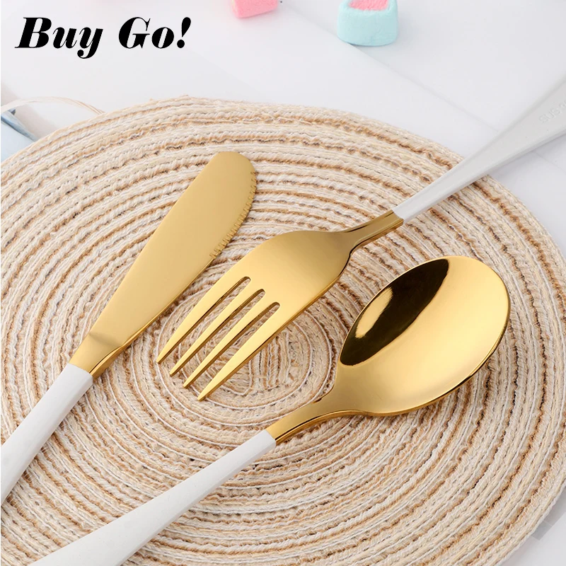 12 шт/4 комплекта 18/8 нержавеющая сталь симпатичная посуда набор белые золотые