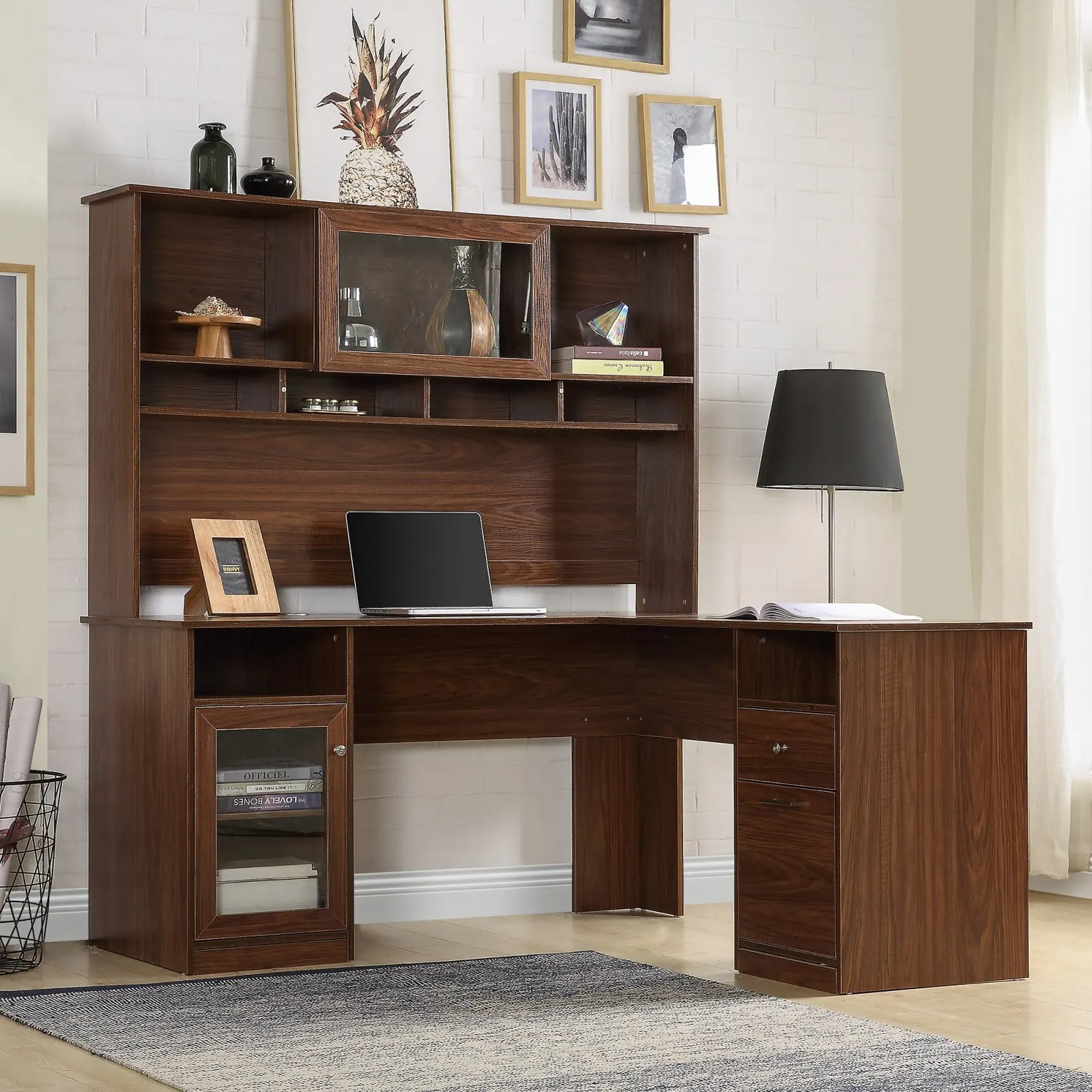 

Home Office L-Shaped Desk With Hutch And Glass Doors Writing Workstation With Shelves And File Cabinet For Home Office (Brown)