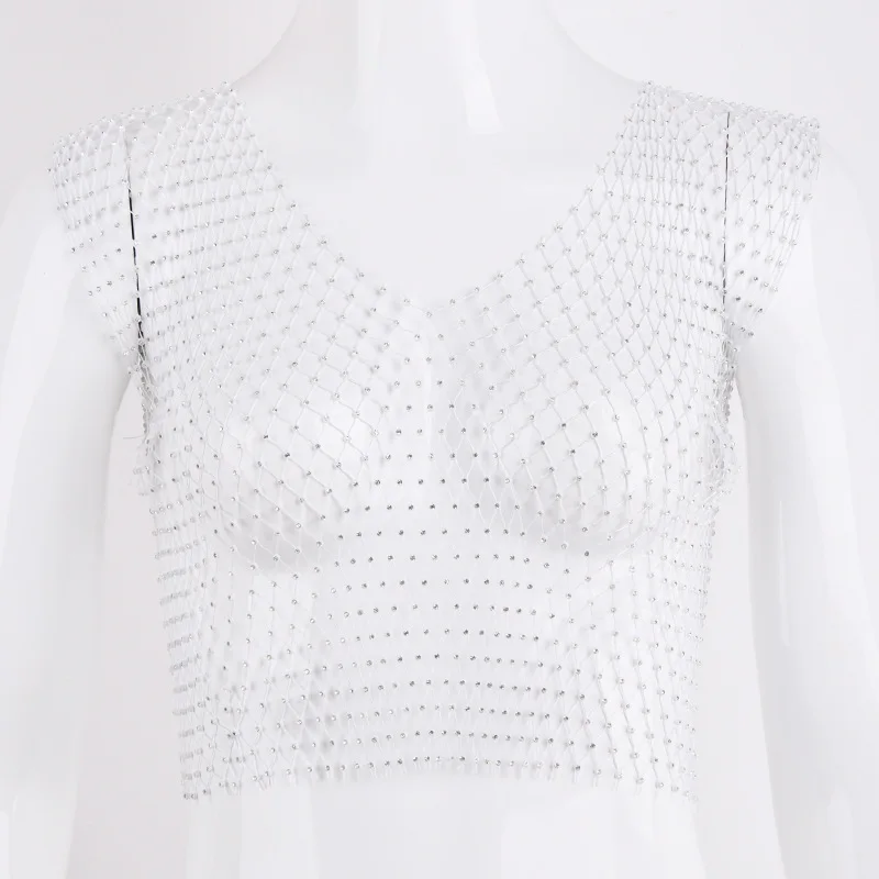 

Nightclub Dance Floor Queen Fishnet Stockings O/V Neck Rhinestone Sexy Top Women's Summer Blouse Base Tops Vest Beauty Shirt