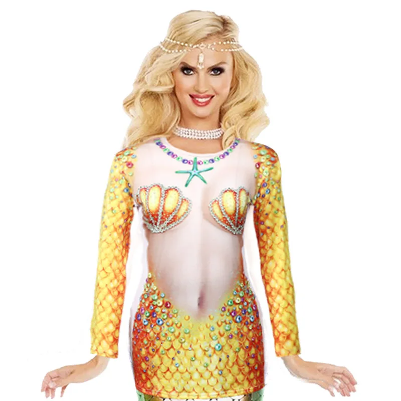 

Halloween Mermaid T-shirt Carnival Party Stage Performance Props Printed Mermaid Long-sleeved T-shirt Bohe Summer Beach Swimwear