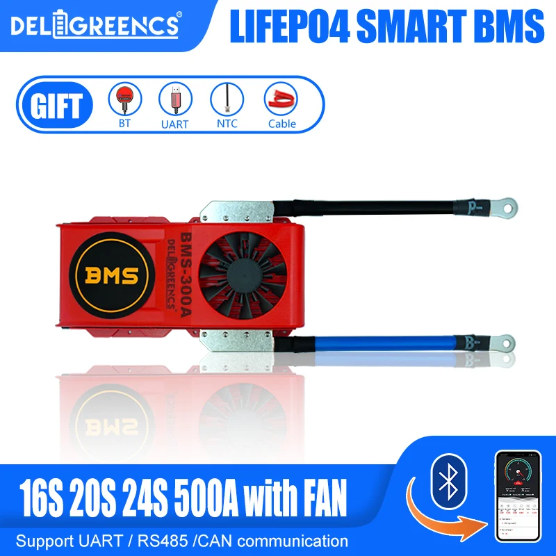 

16S 20S 24S 500A LiFePO4 Smart BMS with Fan UART RS485 modbus Bluetooth CAN Communication 48V 72V battery pack Faster Cooling