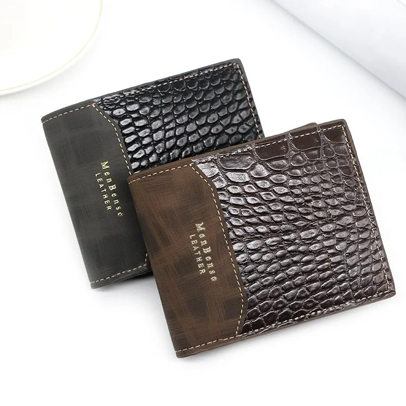 

New Business Men's Short Wallet Patchwork Fashion 3 Folds Card Holder Zipper Quality Coin Purse Crocodile Pattern and Leather PU