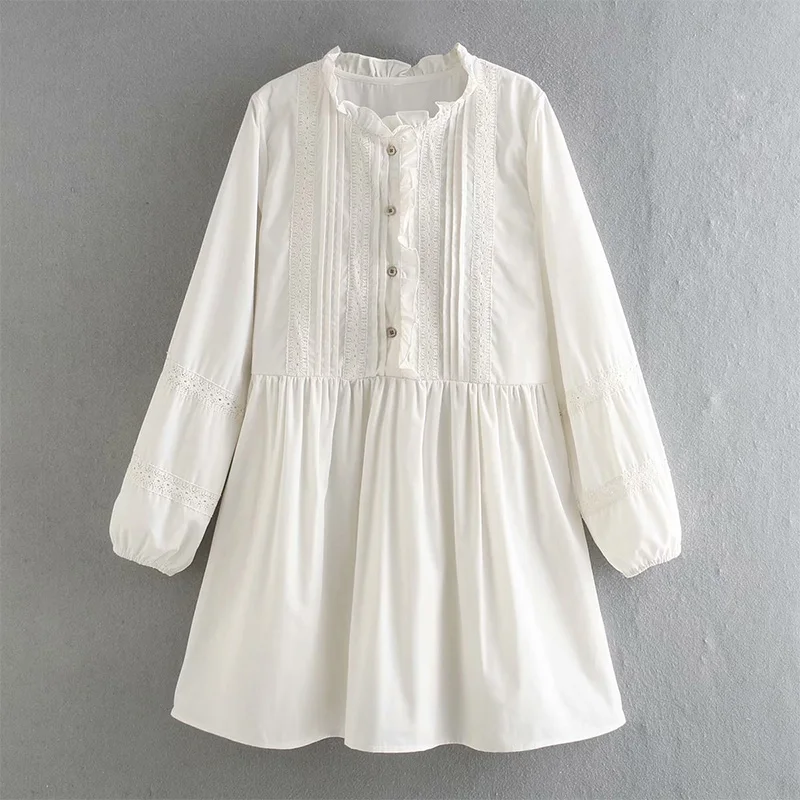 

Women's 2021 New Spring Summer White Oversized Short Dress For Ladies Casual O Neck Long Sleeve Button Lace Dresses Fashionable